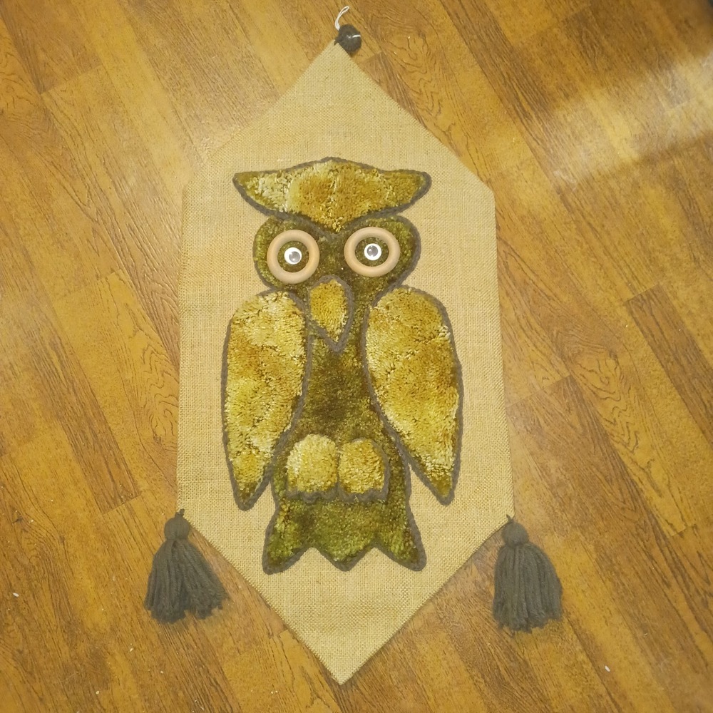 Vintage Crewel Owl Wall Hanging Burlap Boho Fiber Art Tassel Mid Century Decor